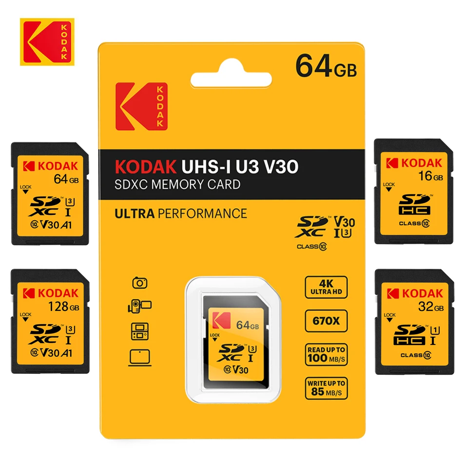 

KODAK Memory Card Extreme SD Card UHD 32GB 64GB 128GB C10 U3 V30 R90MB/s UHSI Flash Card for For Canon Camera Shooting 4K Video