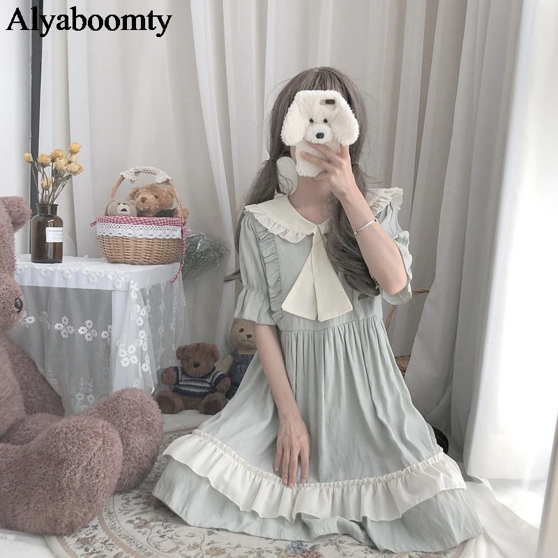 

Japanese Lolita Style Summer Women Cute Dress Peter Pan Collar With Bow Soft Sister Dress Short Sleeve Tiered Ruffles Girl Dress