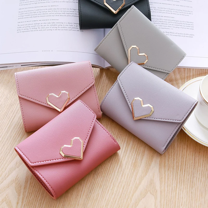 

Retro Sweet Style Wallet Heart Shape Buckle Short Purse Small Money Clip Pocket Portable Fashion for Women