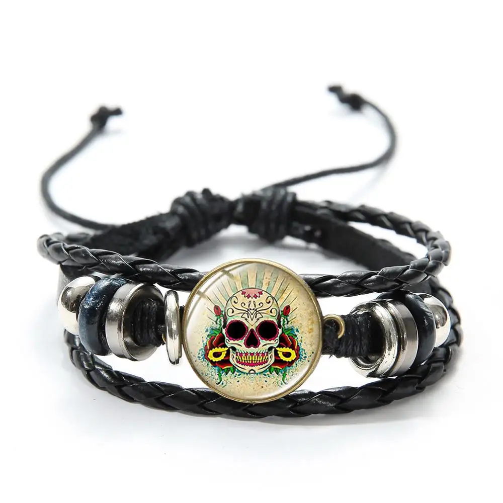 SIAN Sugar Skull Flower Photos Glass Gem Bracelet Day of The Dead Mexican Festival Celebrate Charm Multilayer Leather Bracelets | Украшения