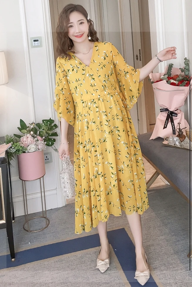 

A6042# Summer Korean Fashion Floral Print Chiffon Maternity Dress V Neck Slim A Line Clothes for Pregnant Women Loose Pregnancy