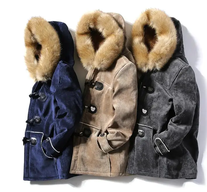 Fall/winter Fur Collar Horns Buckle Deer Velvet Leather Cotton-Padded Jacket Men's Mid-length Slim Thick Warmth Outwear