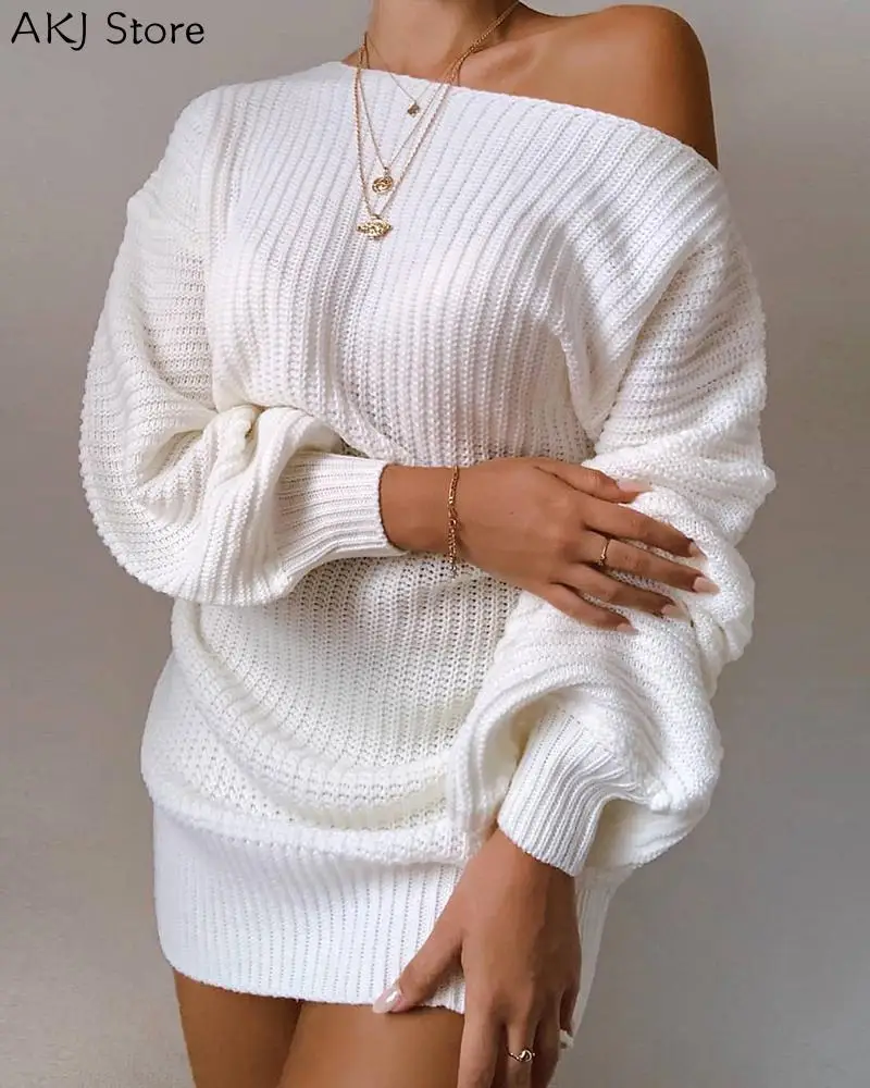 Women Fashion Casual One Shoulder Lantern Sleeve Knitted Sweater Dress Женская одежда