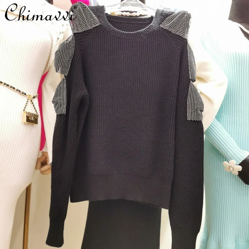 

Oversize Knitted Sweater 2021 Autumn Winter New Korean Round Neck Jumper Female Sweet Bow Hollow Out Slimming Long Sleeves Top
