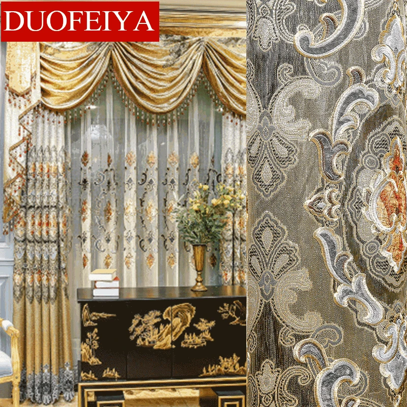 

European Luxury embossed printed curtains For living Room Bedroom chenille Blackout curtains Treatment Drapes Home Decor