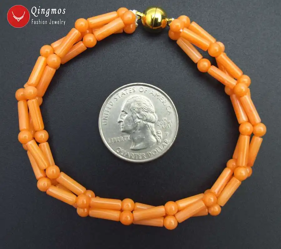 Fashion 3*9mm Thick Slice Natural Orange Coral Bracelet for Women with 4mm Round Jewelry 3 Strands Chokers 7.5'' | Украшения и
