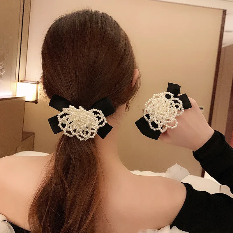 

Pearl Flower Head Rope Bow Knot Headdress Scrunchies Retro Hair Ring Tie New Style Hairband