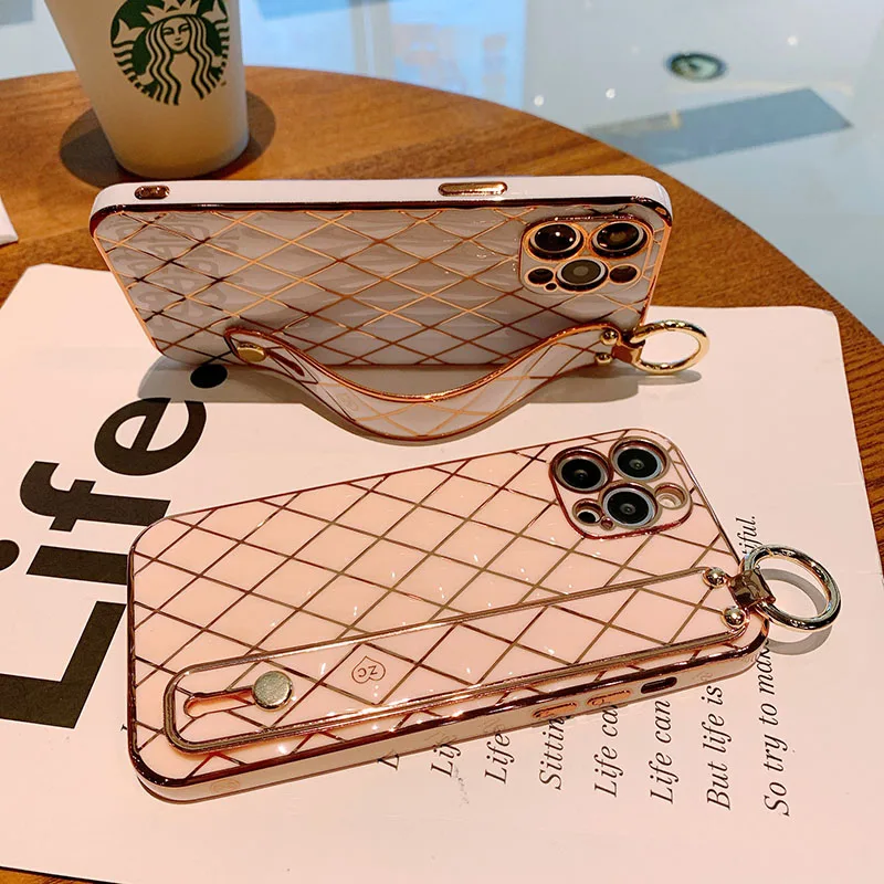 Luxury diamond bling plating Soft silicon Phone Case For Samsung S21 Plus S21 Ultra Noote 20 A12 A52 A75 5G Cover Wrist Bracket