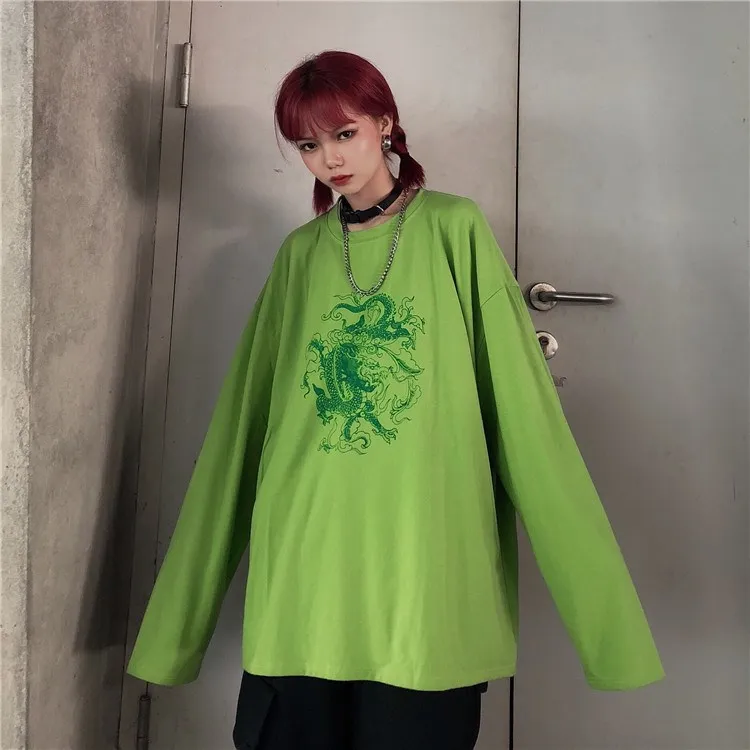 Green long sleeves Харадзюку Винтаж Забавный Дракон женская футболка короткий рукав тройники Ulzzang Прямая поставка одежда веганский хлопок сетчатый в готическом стиле топ панк рубашка - Цвет: Green long sleeves