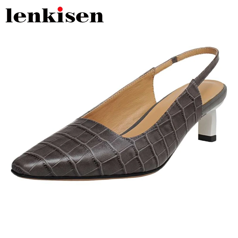 

Lenkisen vintage genuine leather small square toe strange med heel elastic band elegant lady daily wear mature women pumps L91