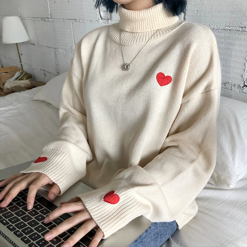 2019 Fashion Autumn Winter Embroidery Sweater Women Harajuku Korean Sweet Long Sleeve Turtleneck Top Pullover Female | Женская одежда - Фото №1