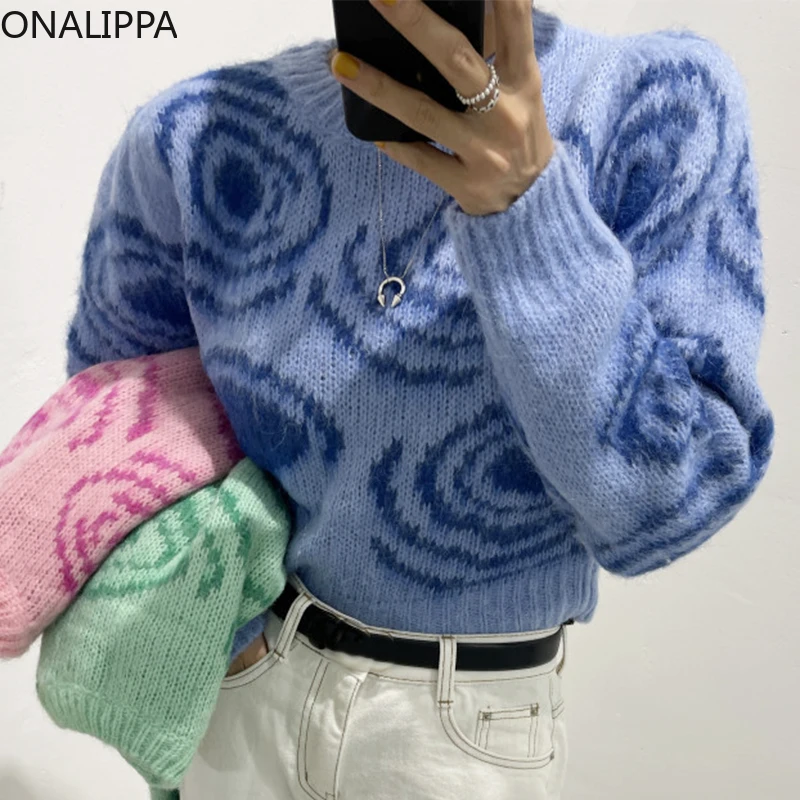 

Onalippa 2021 Women Pullover Fall Winter High Street French Retro Round Neck Jacquard Pattern Knitted Loose Long Sleeve Sweater