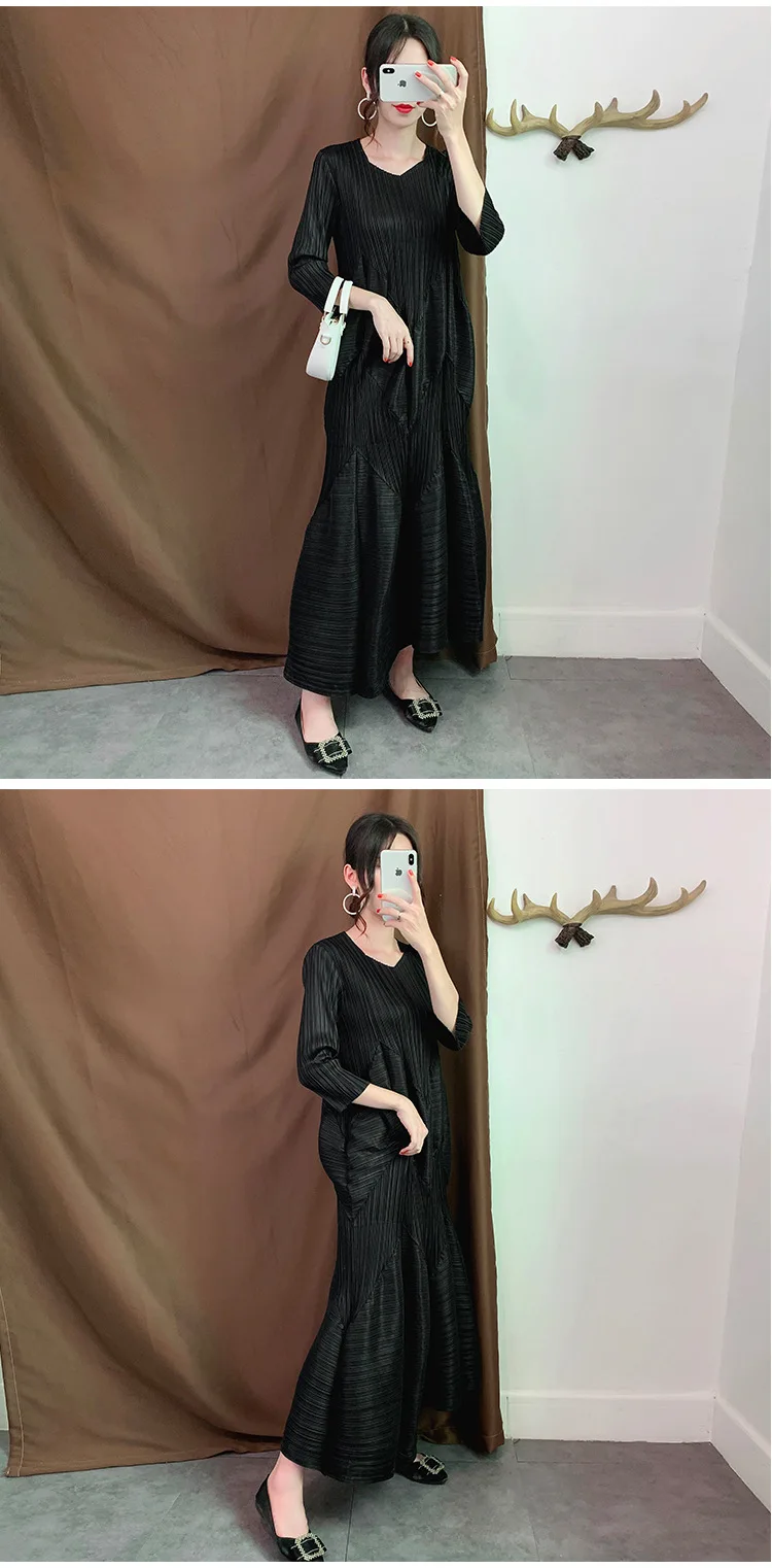 Miyake Плиссированное Платье длинное осеннее Новое плиссированное платье-фонарик большой размер свободное платье с рукавом в виде цветка