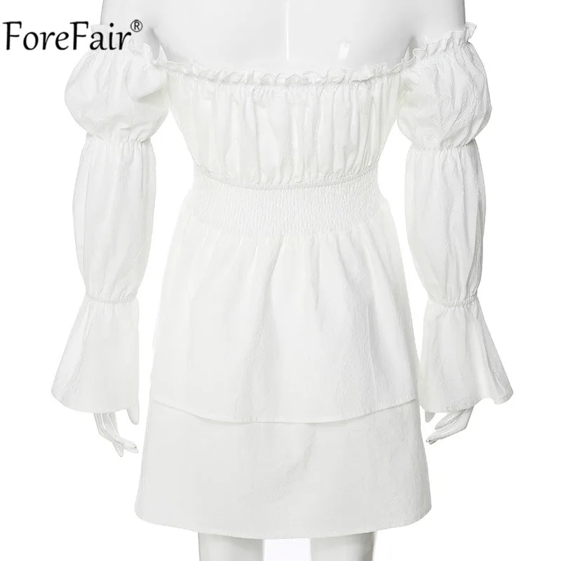 Forefair с открытыми плечами рюшами с пышными рукавами Boho Платье Белое Женское с рюшами пляжное платье без бретелек повседневное хлопковое с длинным рукавом Сарафаны