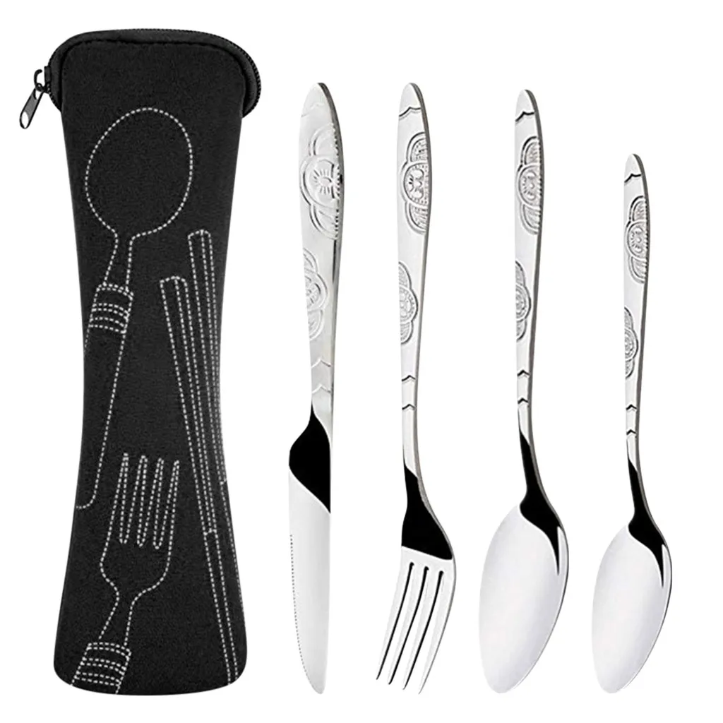 

4 Pcs Stainless Steel Knifes Fork Spoon Family Travel Camping Cutlery Eyeful For Camping Outdoor Picnic Mini Tableware Set