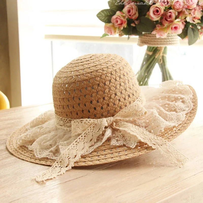 

Women Child Lace Sun Hats For Wide Brim Straw Beach Side Cap Floppy Female Straw Hat Lace Solid Fringe Straw Hat Summer Chapeu