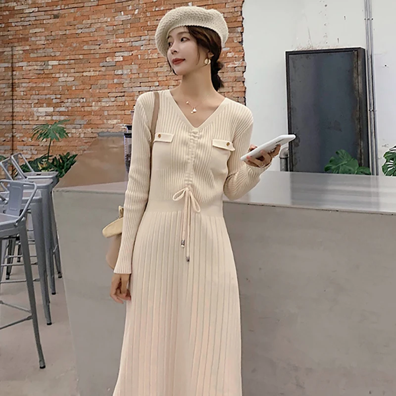 Осеннее однотонное женское платье Kawaii с длинным рукавом корейские вязаные