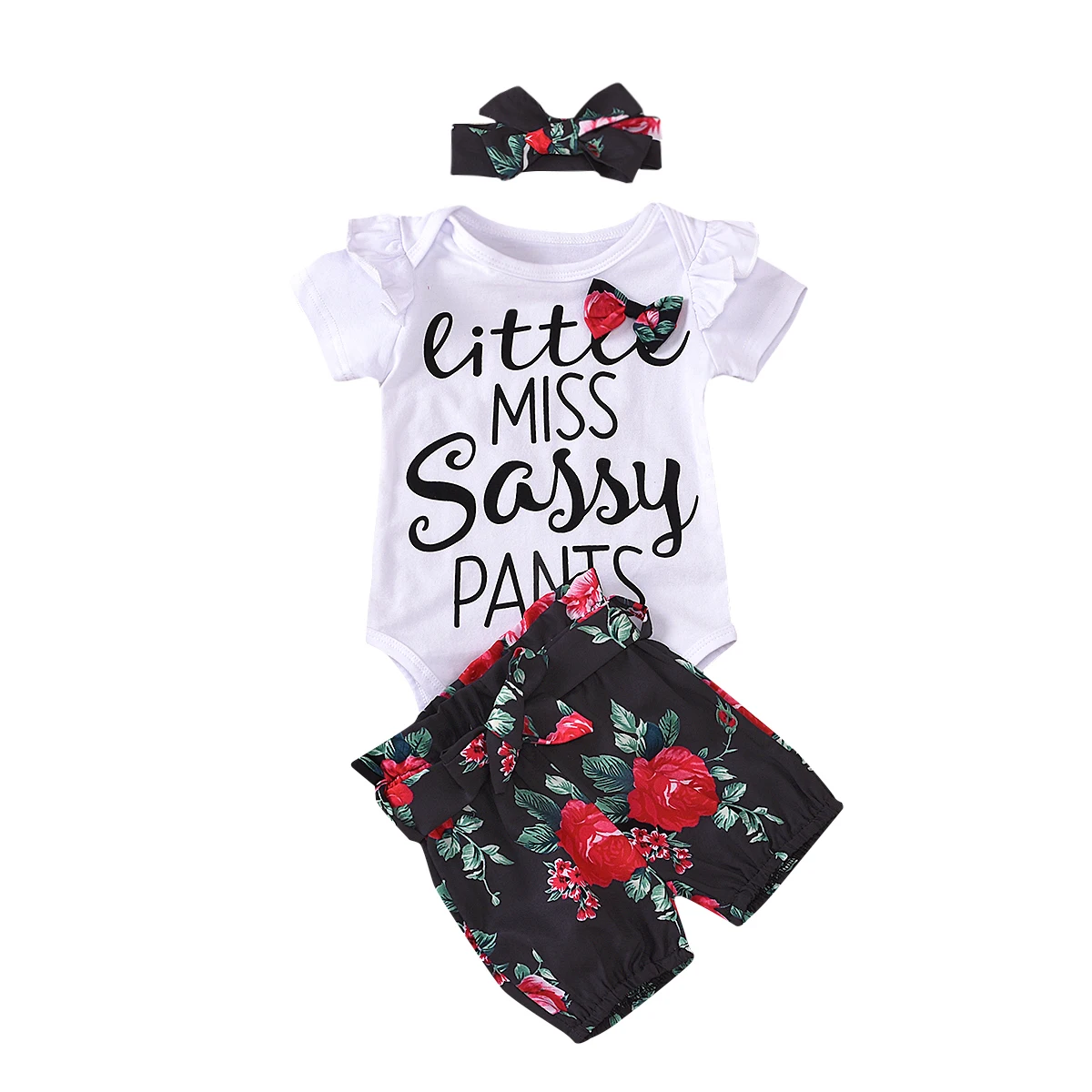 

2020 Summer Baby Girls Round Neck Short Sleeve Letter Print Toddler Romper + Floral Print Shorts + Headband Set 0-12M Clothing