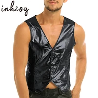 mens shiny metallic patent leather vest top fashion sleeveless stage performance clubwear dance tops