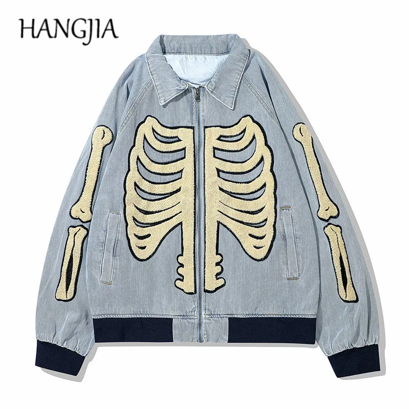 

Hip-hop Loose Skulls Flocking Denim Baseball Uniform European and American Streetwear Embroidery Denim Jacket for Men Black Blue