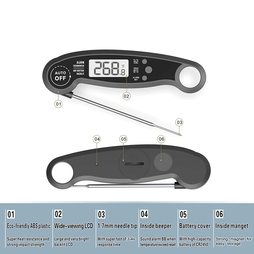 Водонепроницаемый цифровой термометр для пищи с температурной сигнализацией