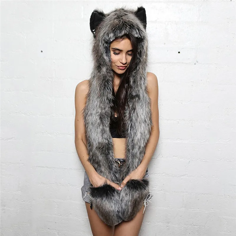 Многофункциональный шарф женская зимняя шапка с ушками волка кота облегающие