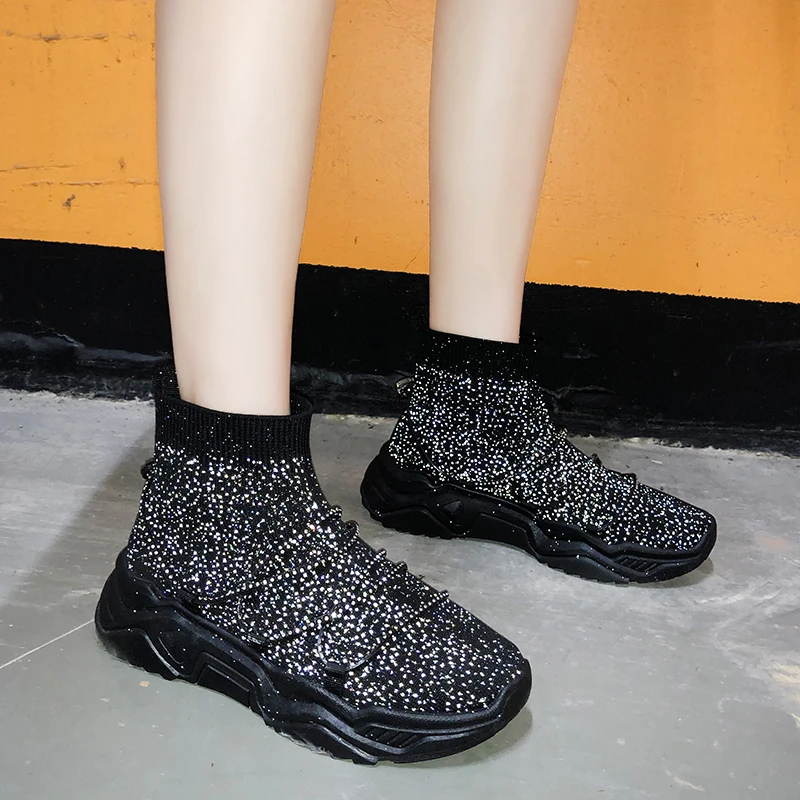 Женские кроссовки для бега блестящие высокие носки женские уличные удобные