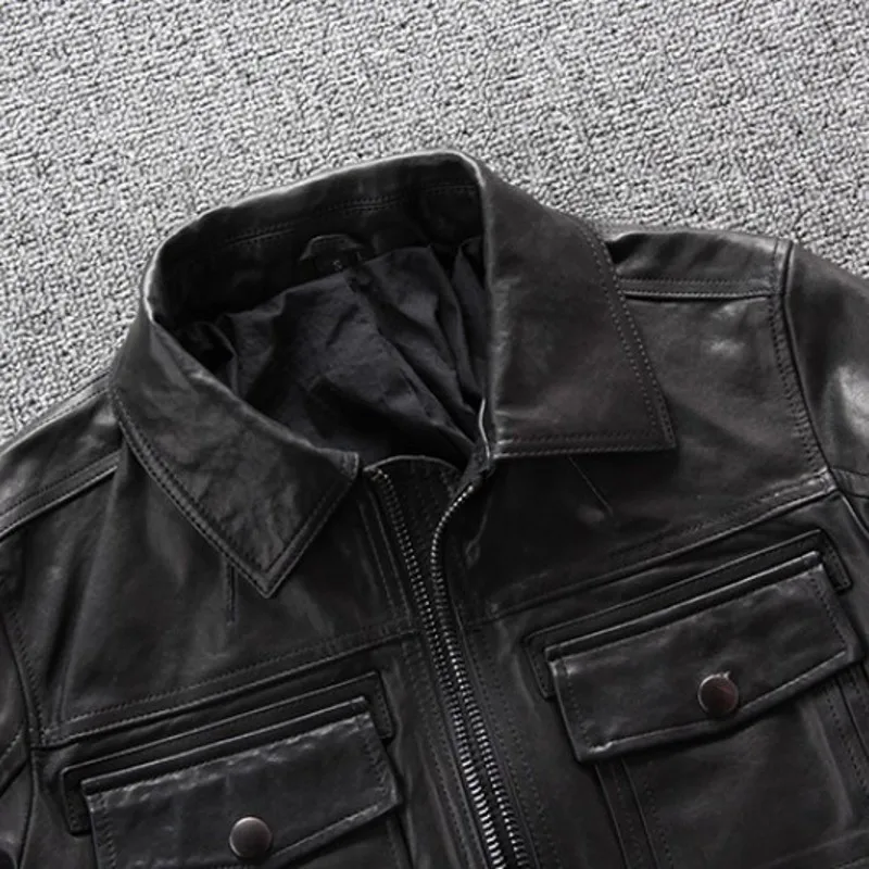 

Multi Mens 2021 New Pockets Sheepskin Cargo Coat Slim Fit Lapel Collar Genuine Leather Jacket Plus Size Motorcycle Biker Outwear