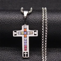 stainless steel mix color crystal cross necklaces pendants womenmen silver color christian chain necklaces jewelry n4912s05