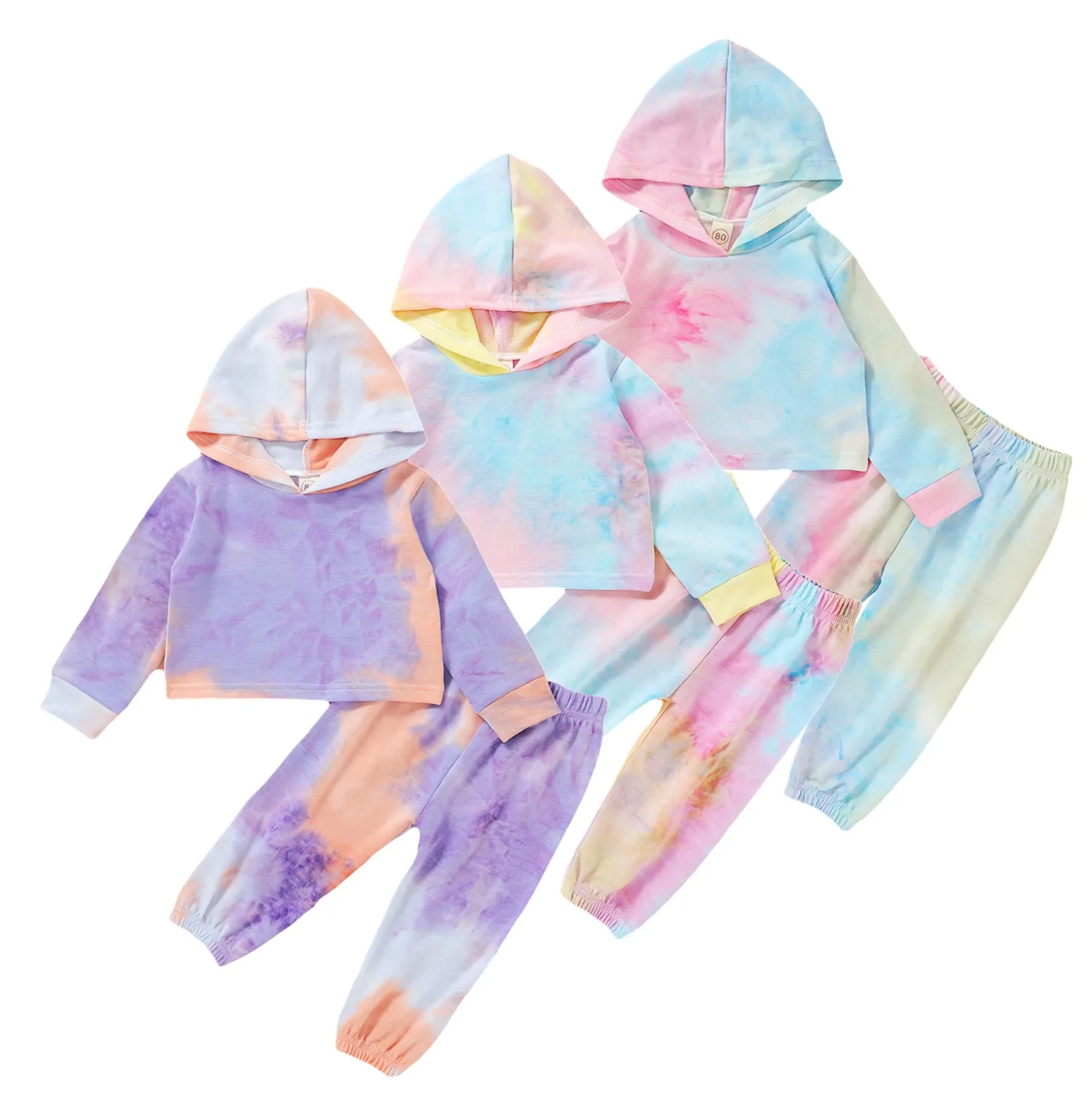 Осенний комплект одежды для девочек худи с длинными рукавами и принтом тай дай
