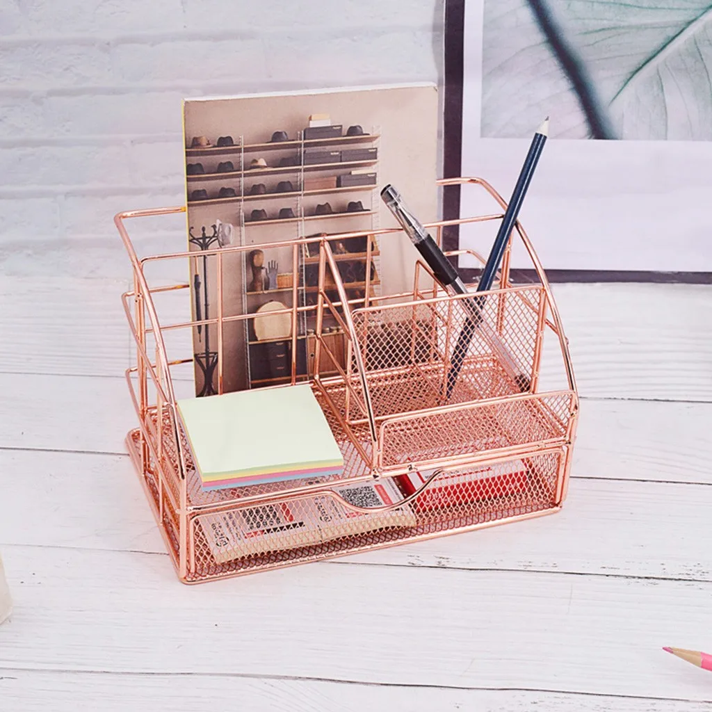 

1PCS Rose Gold Desktop USEFUL Organizer Shelf Rack Mesh Office Supplies Accessories with Drawer for Home Desktop home decoration