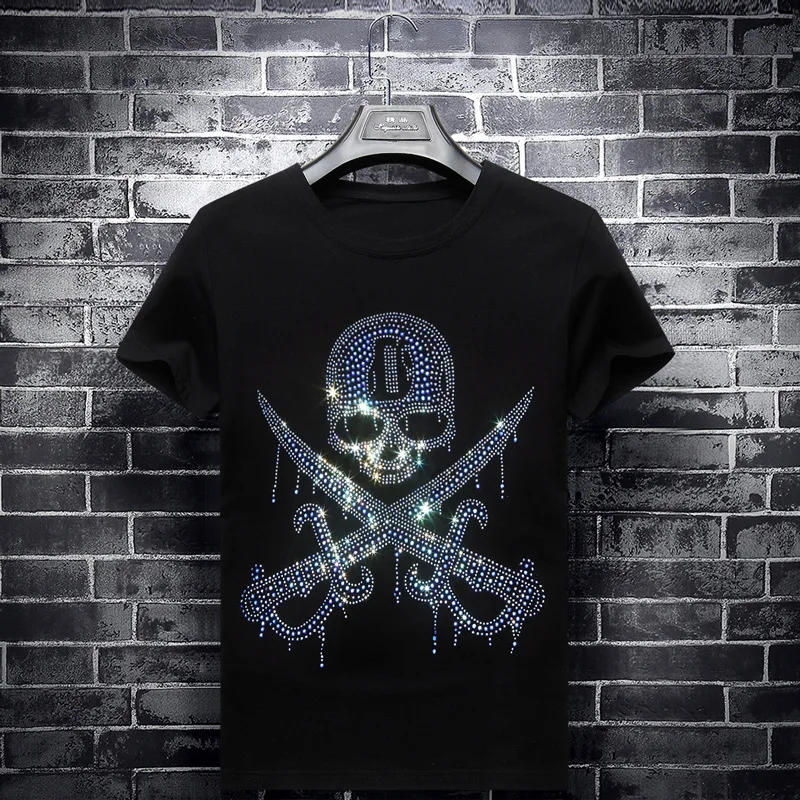 

2021 Blue Rhinestones Pirate Skulls T Shirts Men Short Sleeve Fashion Streetwear O Neck Modal Cotton Clothing Calaveras Camiseta