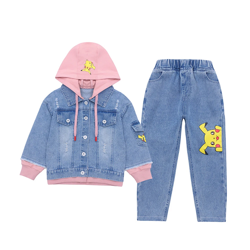 

Summer Cowboy Girl Sets 2021 Korean Version Fashion 2-Piece Denim Long Sleeve Suit Casual Hooded Patchwork Children's Clothing