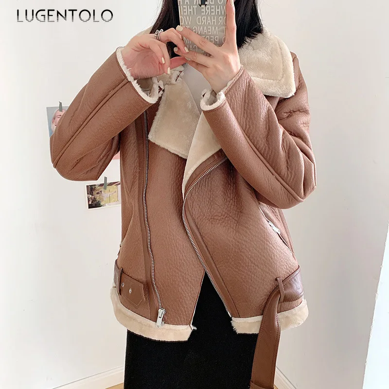 Moto Faux Leather Women Fashion Thick Warm Autumn Winter Jacket Lapel Fur Collar Zipper Female Casual Street Coats Lugentolo