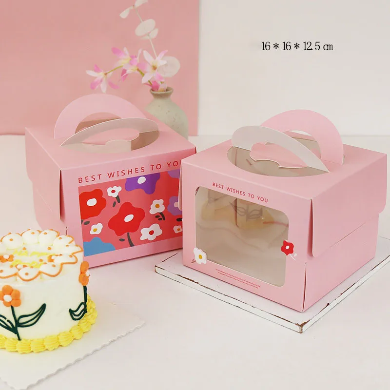 

5/10 Pcs 4 Inch Cake Box with Transparent Window White Paperboard Printed Flower Gift Bags for Bakery Dessert Mousse Cake Boxes