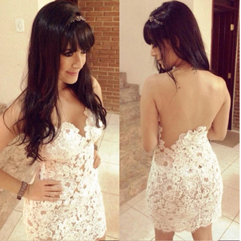 

Summer Women Short Dress Elegant White Hooked Flower Mesh Stitching Hollow Out Dress Ladies Backless Solid Vestidos Female