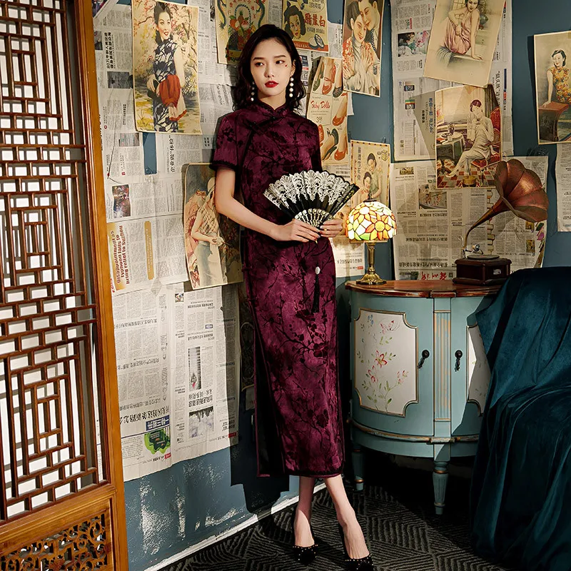 

Big Size 3XL 4XL Spring New Arrival Vintage Short Sleeve Cheongsam Sexy Women Formal Long Dress Print Flower Rayon Qipao