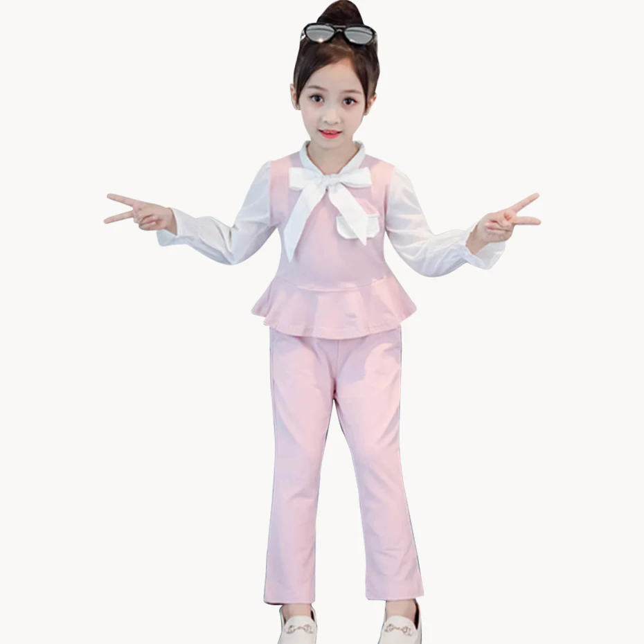 Детская одежда рубашка с оборками и штаны Одежда для девочек модная школьная из 3