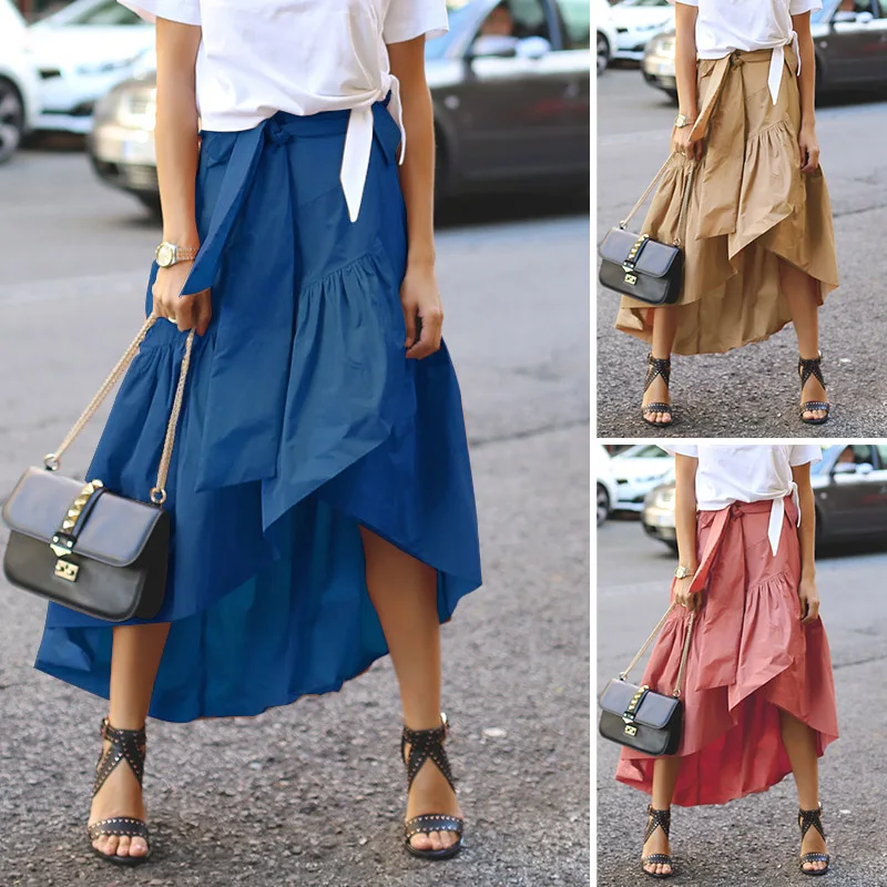 

Повседневные однотонные женские осенние вечерние юбки с оборками ассиметричная юбка с высокой талией ZANZEA средней длины сарафан на шнуровк...