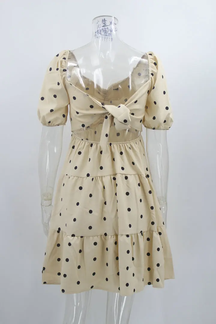 

LE&YOU 2021 Dresses for Women Summer Young Style Puff Sleeve Backless Square Collar Dot Knee-Length Clothes