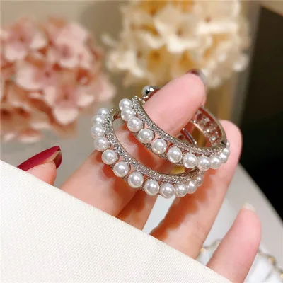 

Women's S925 Silver Earrings With Big Ears Are Full Of Diamond Micro-Inlaid Zircon Temperament Joker Heavy Industry Pearl Gift