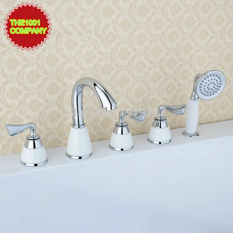 

Vidric Three Handles Curve Spout Bar Faucet Widespread Roman Tub Bathtub Mixer Taps Lavatory Plumbing Fixtures with Shower Arm C
