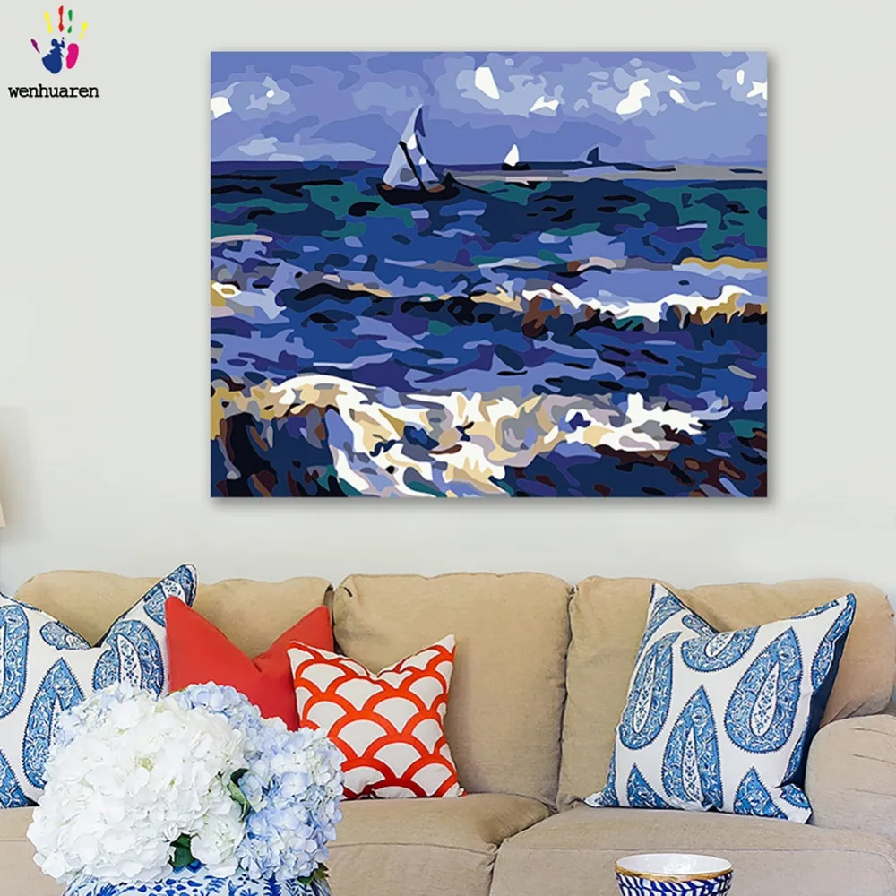 DIY картинки для раскраски по номерам с цветами синий парусный пейзаж на море