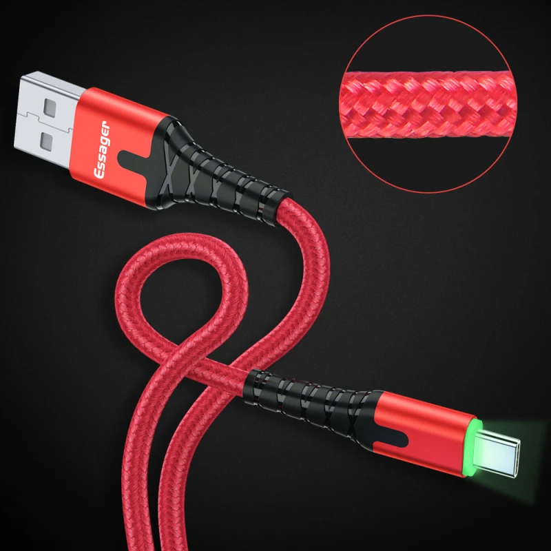 Essager светодиодный usb type C быстрый заряд кабеля провода шнур 3 м кабель usbc для Xiaomi K20 samsung Oneplus 7 Pro мобильный телефон USB-C провода