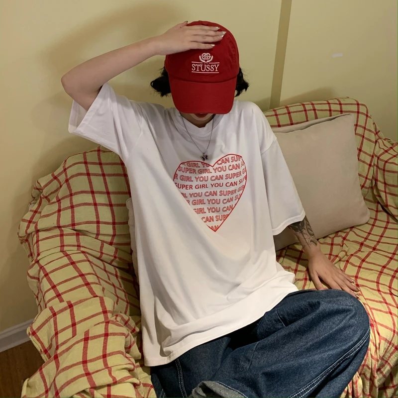 

YTX1658 women new loose mid-length love letters hip-hop BF short-sleeved T-shirt