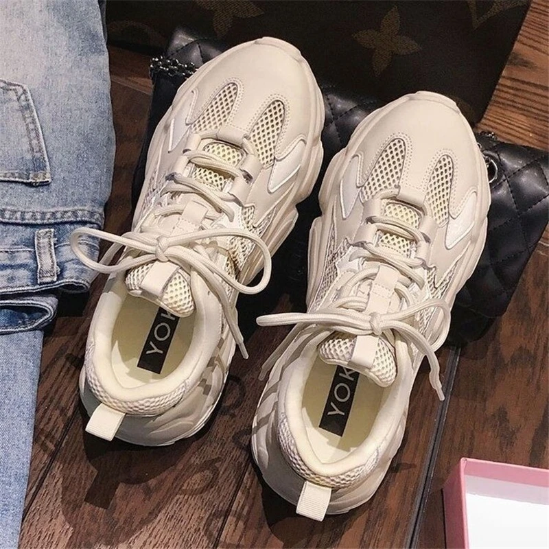 

Platform Women Sneakers Beige 2021 Autumn Sport Thick Sole Lady Leisure Shoes Lace Up Comfortable Mesh Female Chunky Sneakers
