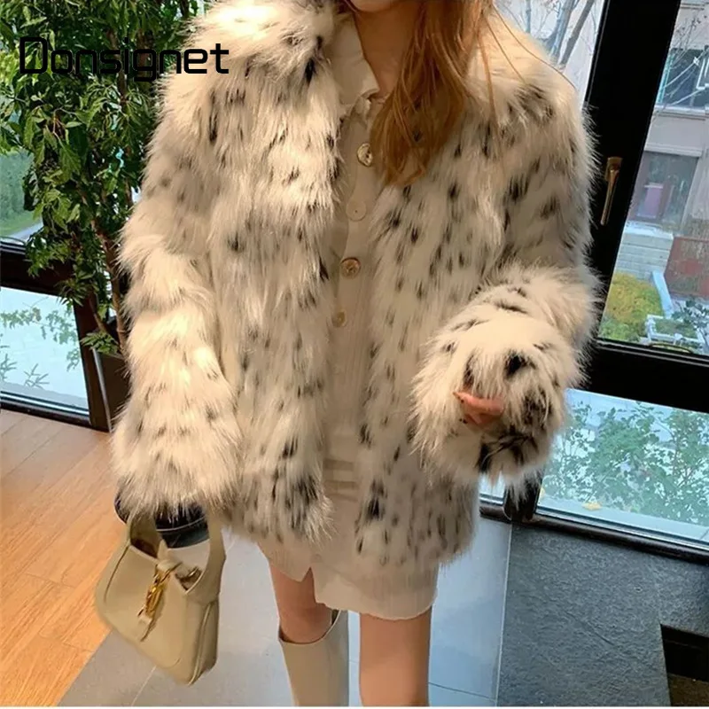 

Женское пальто средней длины Donsignet, свободное меховое пальто из искусственного лисьего меха, с леопардовым принтом, Осень-зима