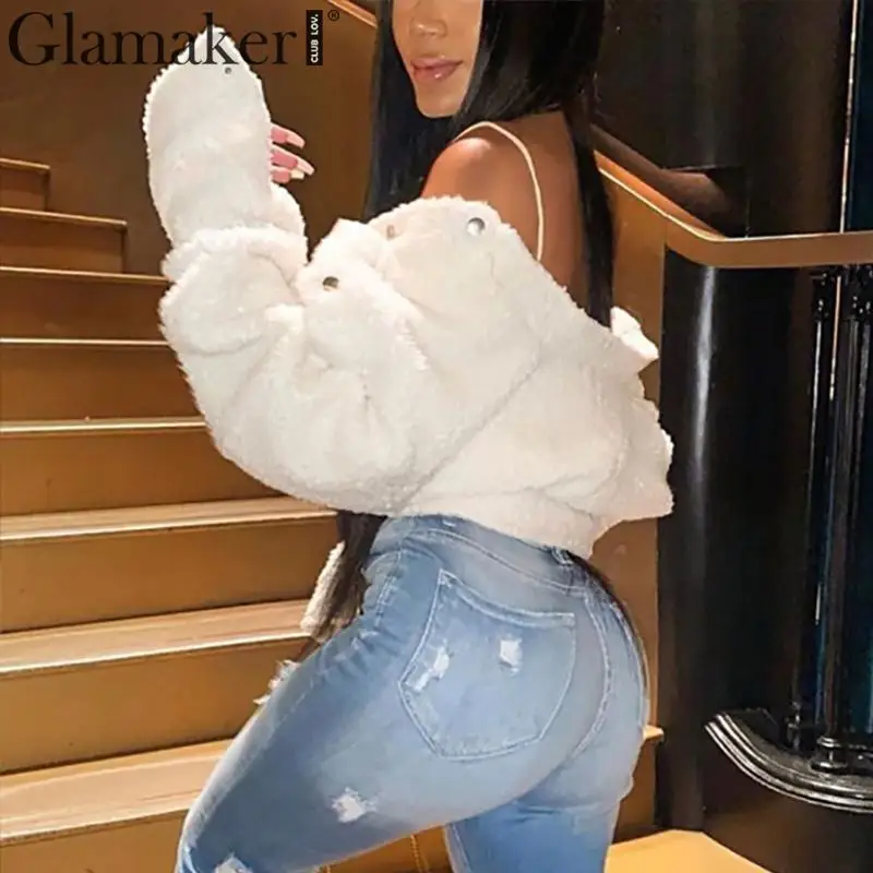 Glamaker, теплое пальто из искусственного меха, меховая верхняя одежда для женщин, сексуальный белый карман, женское плюшевое пальто, осенняя короткая куртка из искусственного меха, зимнее пальто