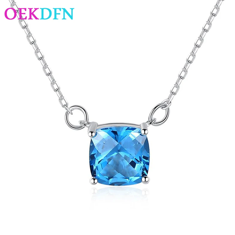 

OEKDFN 100% 925 Серебряное ожерелье 6*6 мм натуральный голубой топаз Аквамарин драгоценный камень кулон из белого золота юбилей ювелирные изделия