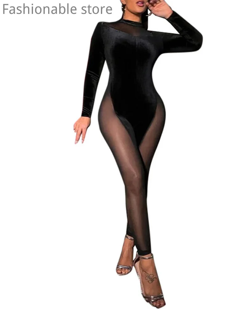 

Women Sexy Solid Color Sheer Mesh Patchwork Skinny Jumpsuit